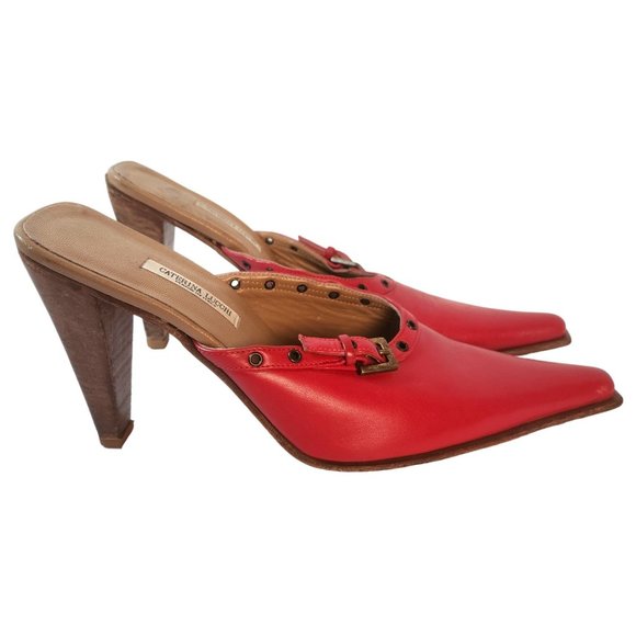Caterina Lucchi Women's Red Leather Mules Buckle Detail Snip Toe Size 40 EU/9 US - Picture 4 of 14